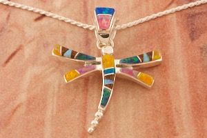 Calvin Begay Fire and Ice Opal Sterling Silver Dragonfly Pendant